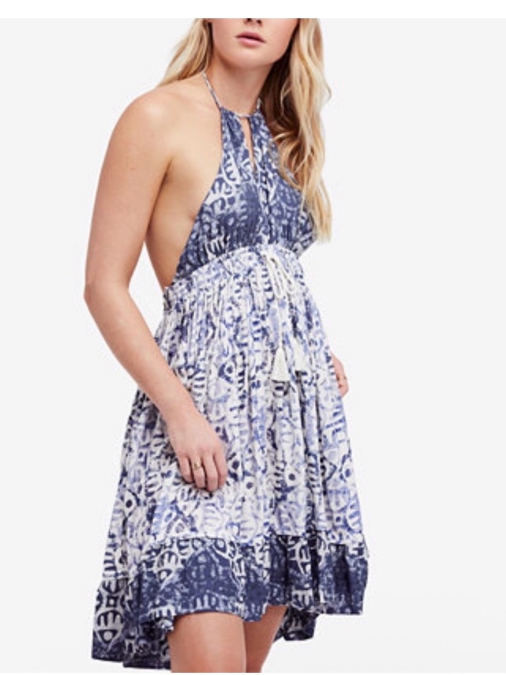 Free People Beach Day Halter Mini Dress Blue White Print Open Back Boho XS